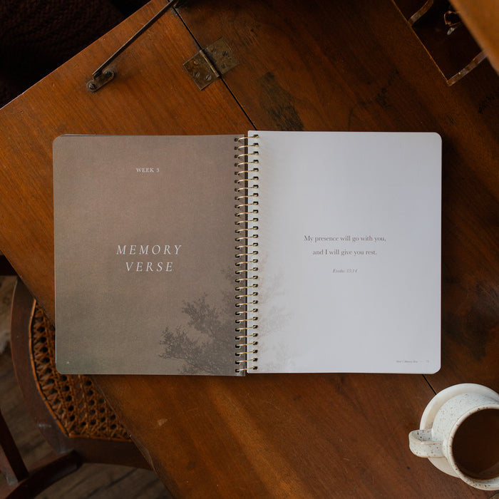 Made for Him Spiral study opened to the week 3 memory verse page on a wooden table