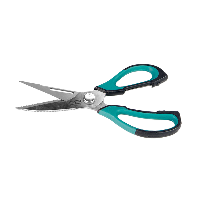 Teal and black ergonomic scissors with textured handles.