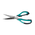 Teal and black ergonomic scissors with textured handles.