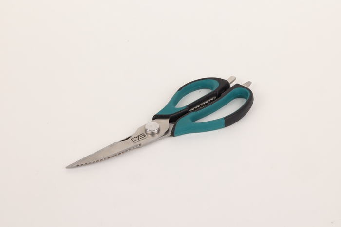 Blue and black kitchen shears with serrated blade.