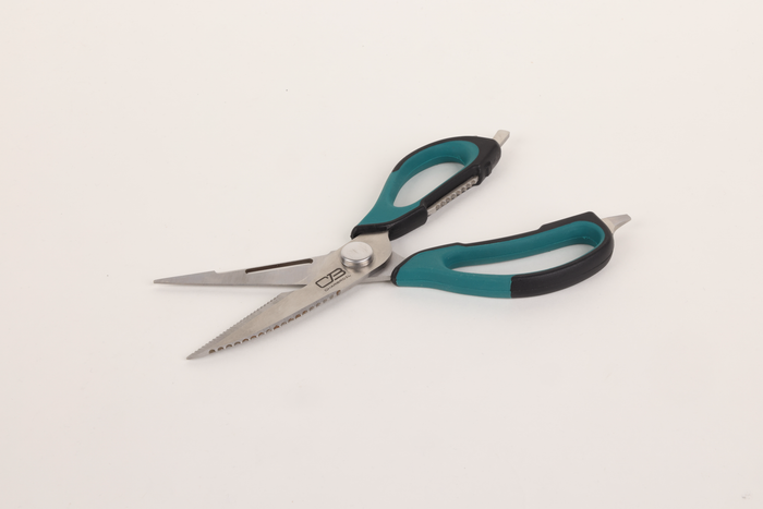 Teal and black multi-tool scissors with serrated blades.