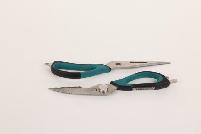 Blue and black multi-tool pliers with serrated and smooth jaws.