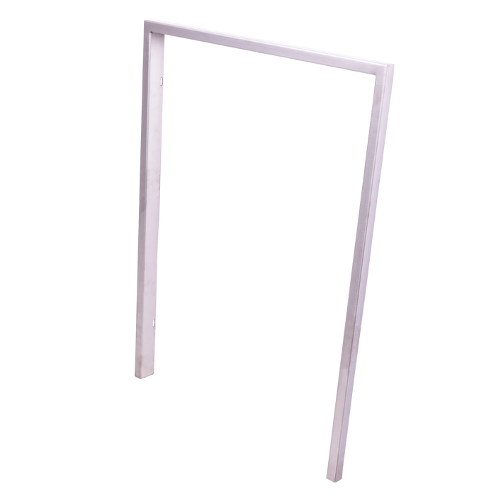 White metal security door frame with hinges and lock plate.
