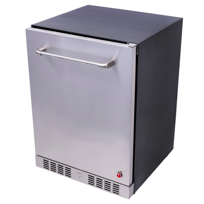 Stainless steel undercounter refrigerator with black top and handle.