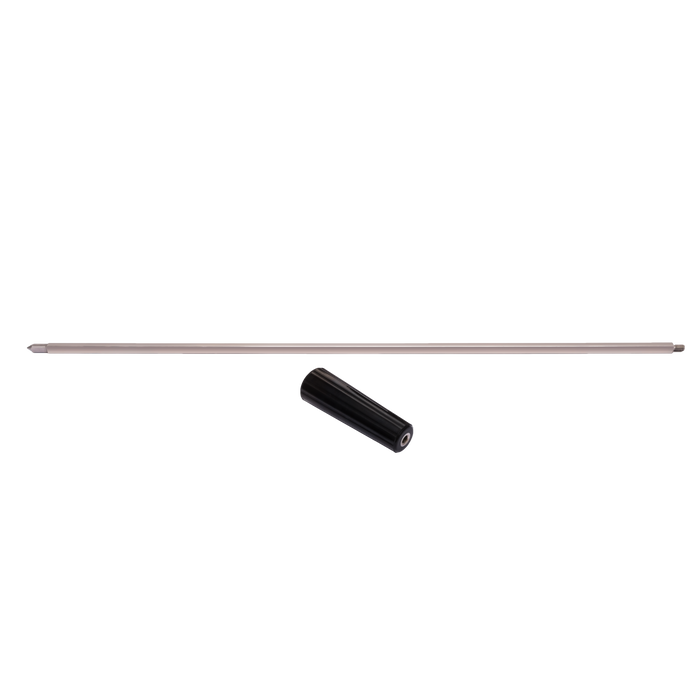 Silver metal rod with black foam grip end cap.