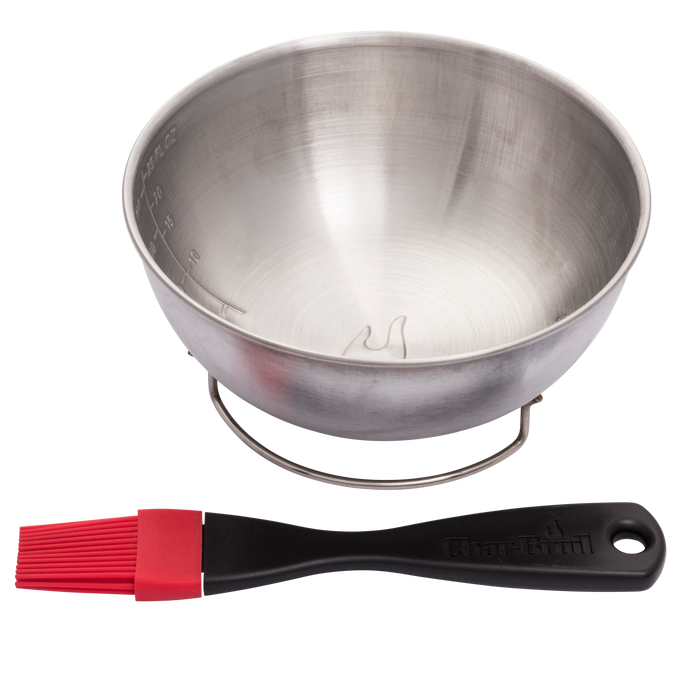 Silver mixing bowl with red silicone brush by Char-Broil.