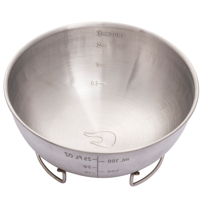 Silver stainless steel measuring bowl with cup and milliliter markings.