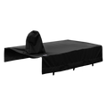 Black outdoor furniture cover with storage pouch.