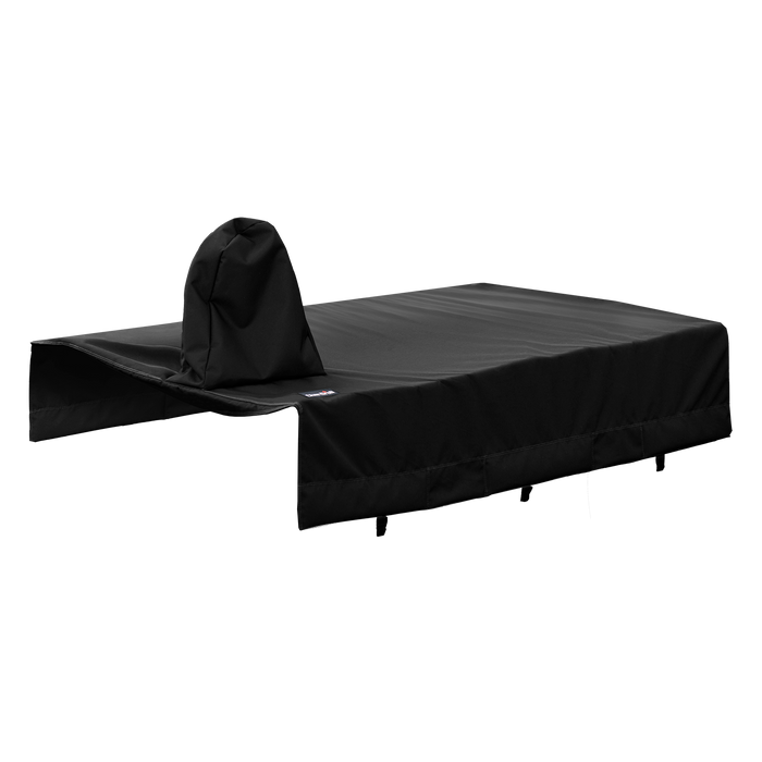 Black outdoor furniture cover with storage pouch.