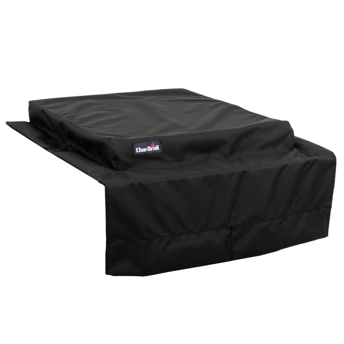 Black Char-Broil grill cover with brand logo.