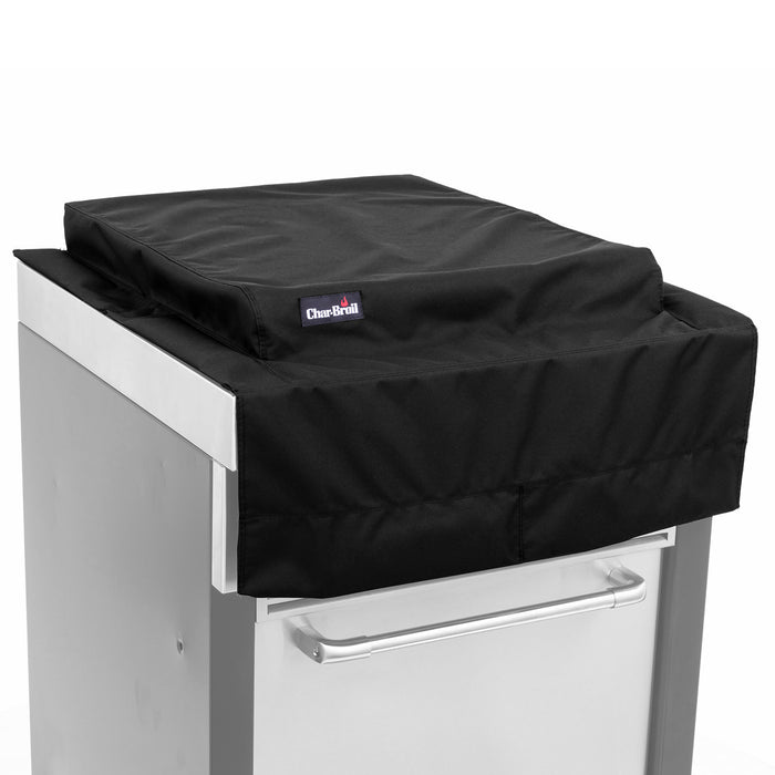 Black Char-Broil grill cover on white grill with handle.