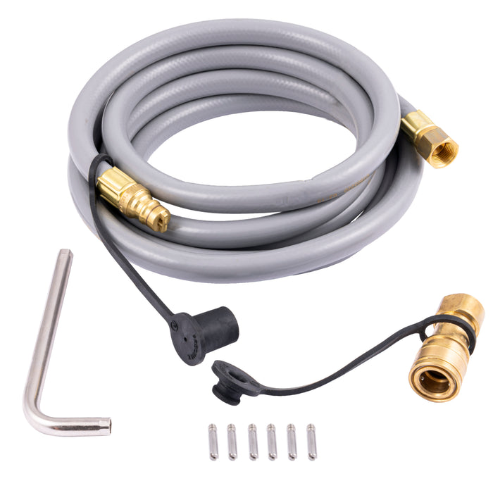 Gray coiled hose with brass fittings, black clips, and tools.