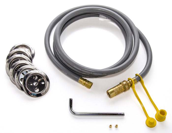 Gray natural gas hose kit with brass fittings, yellow safety strap, and wrench.