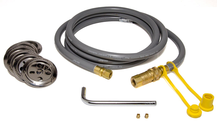 Gray gas hose kit with brass fittings and yellow connectors.