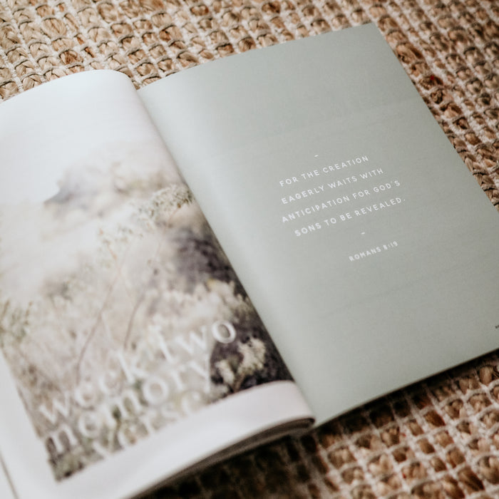 Image of the Never Alone Bible study opened to a green page with white writing with the Romans 8:19 Bible verse.