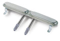 Silver surgical retractor with adjustable blades and screws.