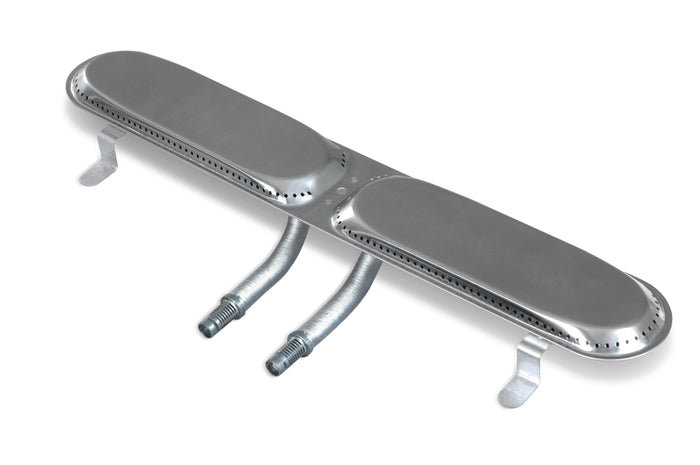 Silver gas burner with multiple ports and mounting brackets.