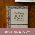 A spiral-bound book titled "On Earth as It Is in Heaven: The Sermon on the Mount" lies on a wooden surface, with an open book partially visible at the top and a mauve banner at the bottom reading "DIGITAL STUDY.".