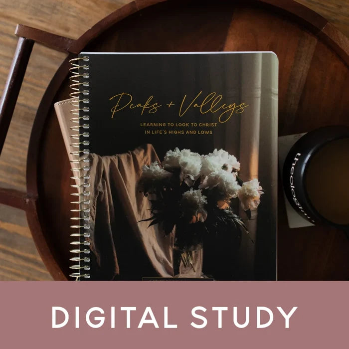 Peaks and Valleys Spiral Study on a dark brown wooden tray with a black coffee cup next to it on a brown wooden table with a banner that says Digital Study