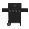 Black Char-Broil gas grill with four burners and side shelf.