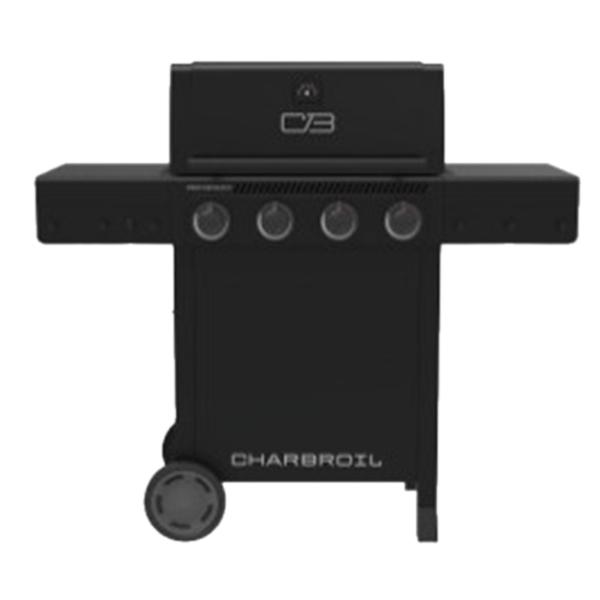 Black Char-Broil gas grill with four burners and side shelf.