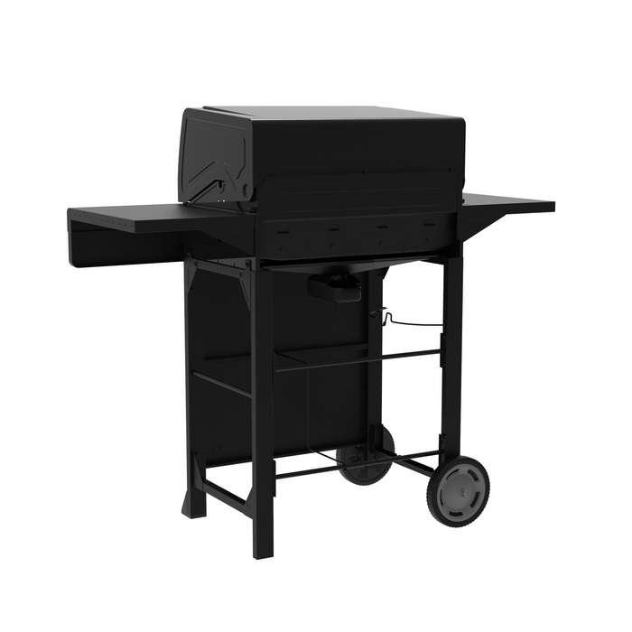 Black outdoor grill with side shelves and wheels.