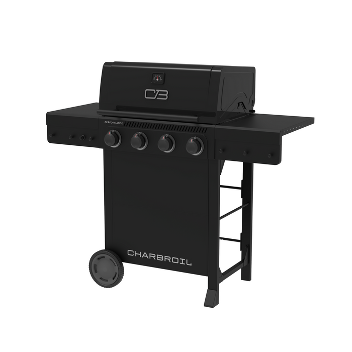 Black Char-Broil Performance Series gas grill with four control knobs and side shelf.