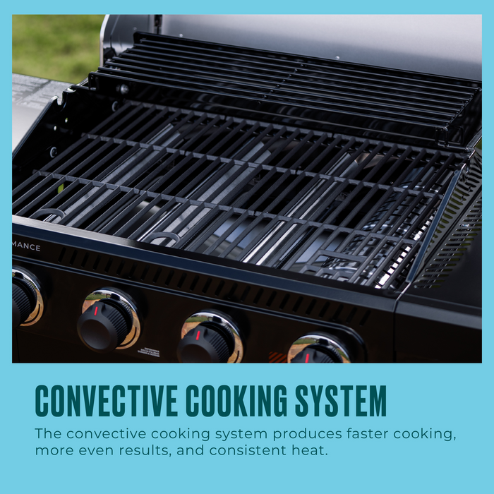 Black gas grill with convective cooking system and control knobs.