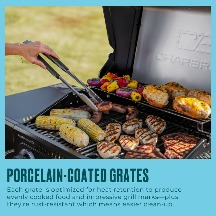 Porcelain-coated grates on a Char-Broil grill with food cooking.