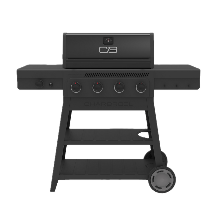 Black Char-Broil Performance Series gas grill with four burners and wheels.