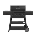 Black Char-Broil Performance Series gas grill with four burners and wheels.