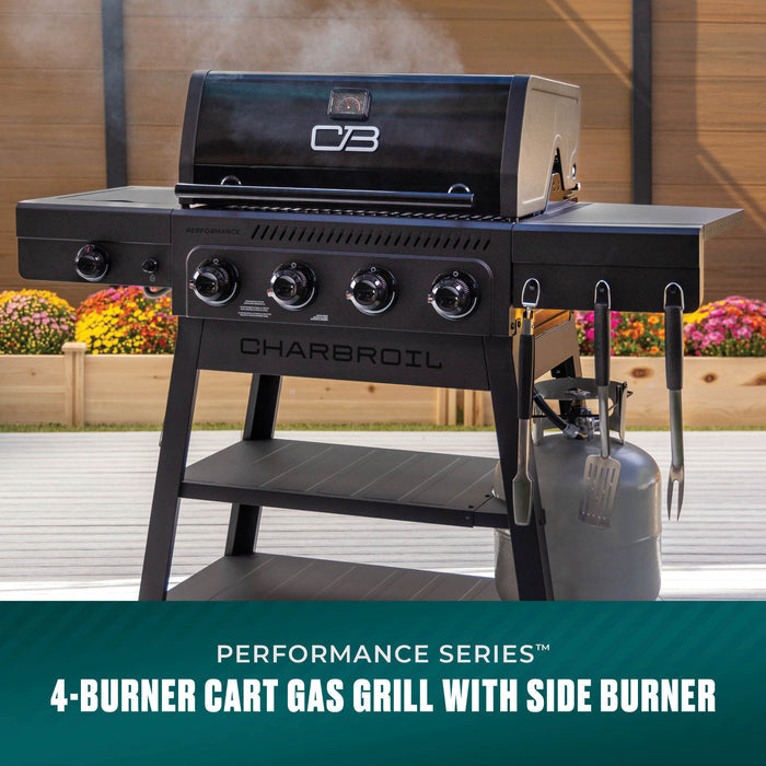 Black Char-Broil Performance Series 4-burner gas grill with side shelf and tools.