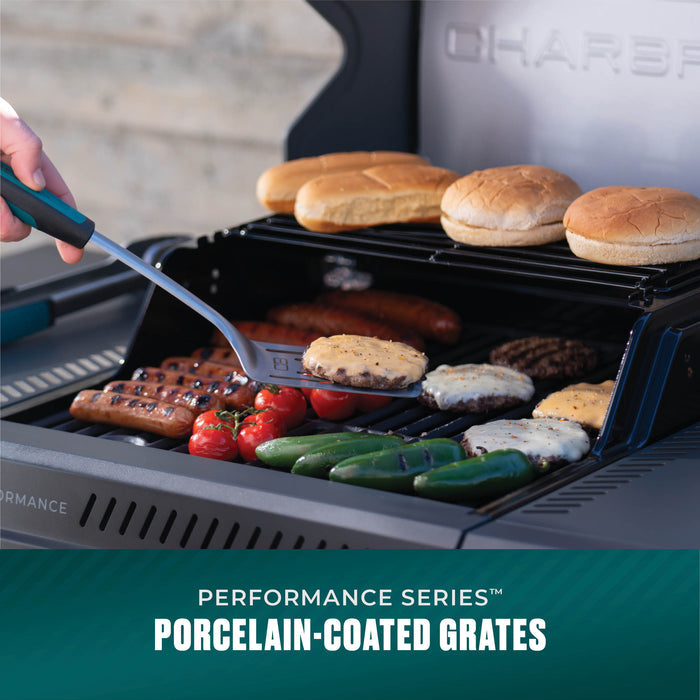 Char-Broil Performance Series electric grill cooking burgers, sausages, and vegetables.