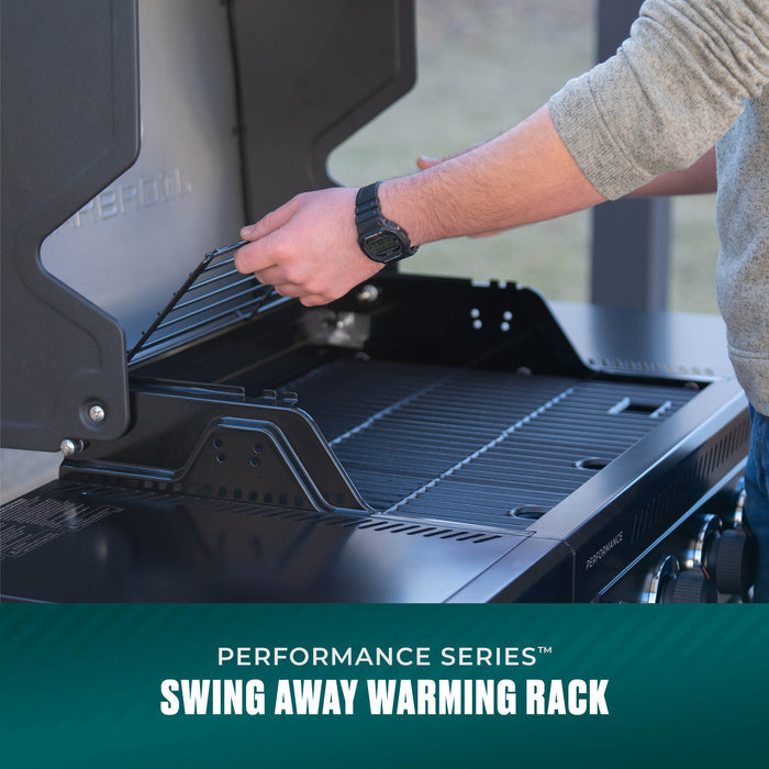 Black performance series grill with swing-away warming rack.