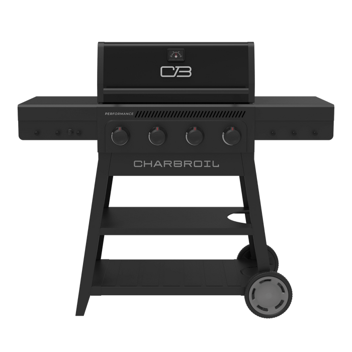 Black Char-Broil Performance Series gas grill with four burners and wheels.