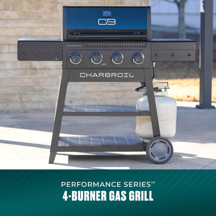 Char-Broil Performance Series 4-Burner Gas Grill with storage shelf and propane tank.