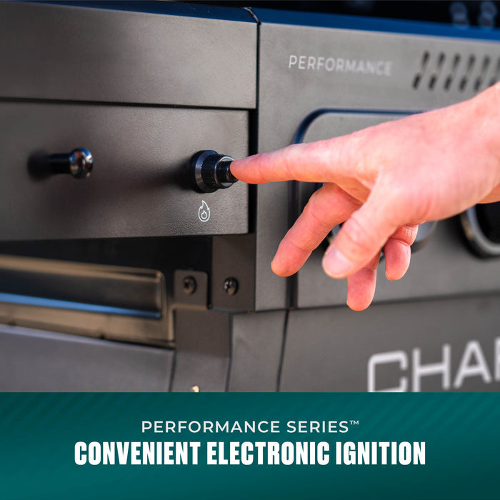 Black Performance Series™ gas grill with finger adjusting control knob.