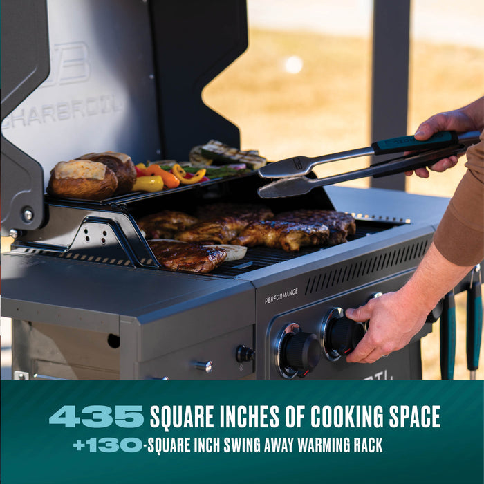 Char-Broil Performance grill with 435 square inches of cooking space, shown in use outdoors.