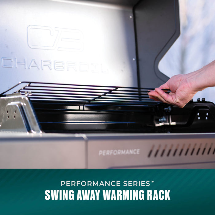 Silver Char-Broil Performance Series grill with black cooking grate and swing-away warming rack.