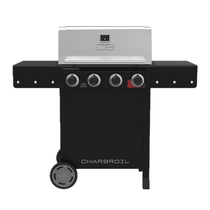 Black Char-Broil Performance Series gas grill with four control knobs and wheels.