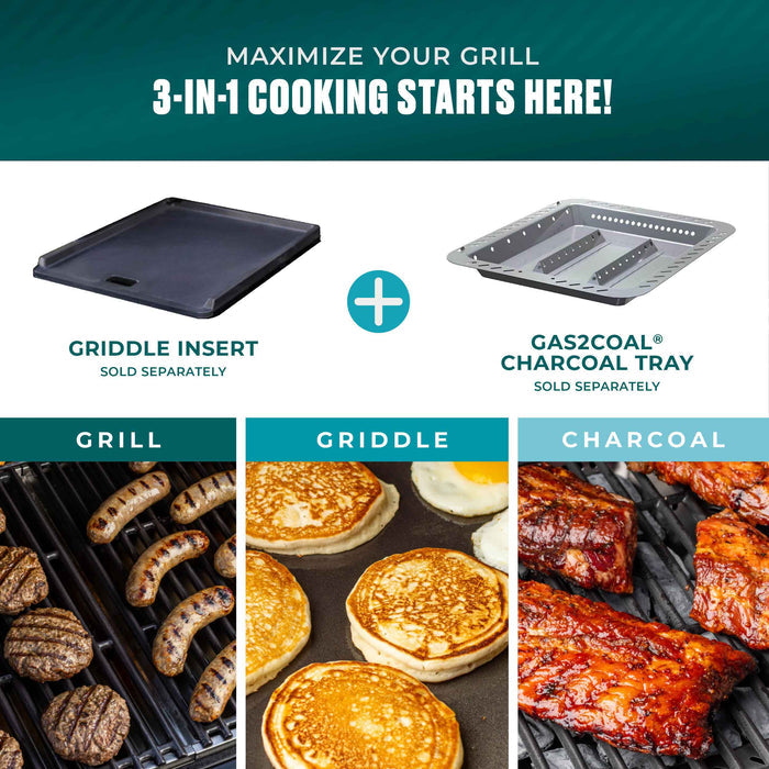 3-in-1 grill setup: griddle insert and gas2coal charcoal tray.