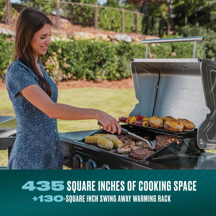 Char-Broil portable grill with 435 square inches of cooking space, shown in use outdoors.
