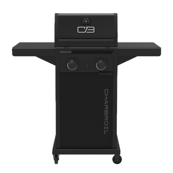 Black Char-Broil Performance Series gas grill with control knobs and thermometer.