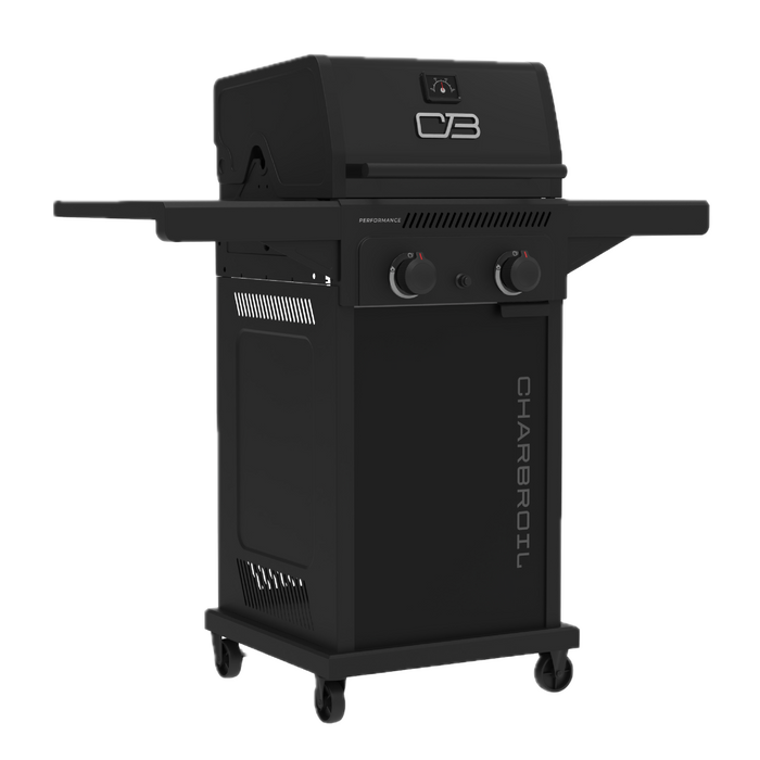 Black Char-Broil Performance electric grill with two control knobs and side shelves.