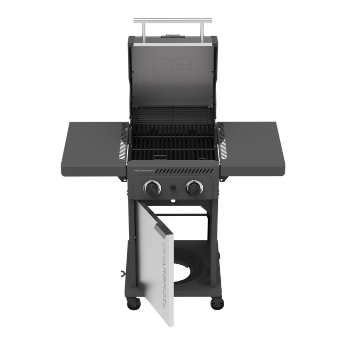 Char-Broil gas grill with two burners, open lid, side shelves, and lower cabinet on wheels.