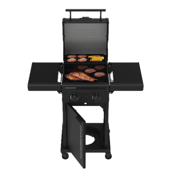Black Char-Broil Performance Series gas grill with cooking food.