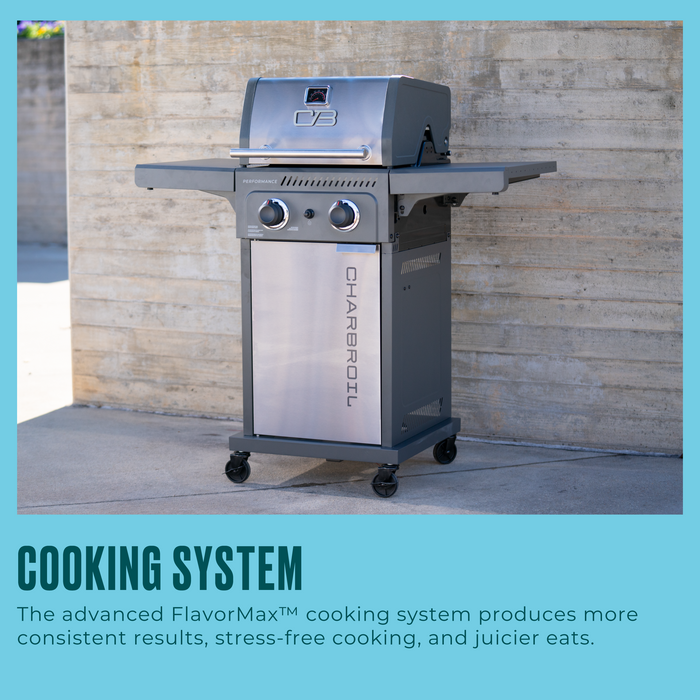 Stainless steel Char-Broil gas grill with two knobs, side shelves, and wheels for easy mobility.