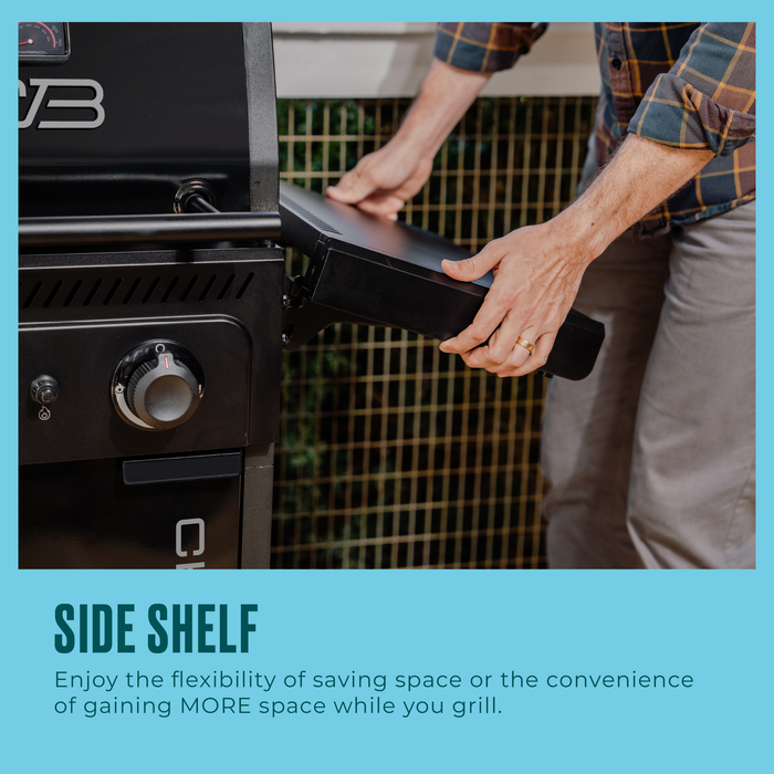 Black side shelf for outdoor grill, enhancing convenience and flexibility.