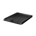 Black rectangular griddle with handle and textured surface.