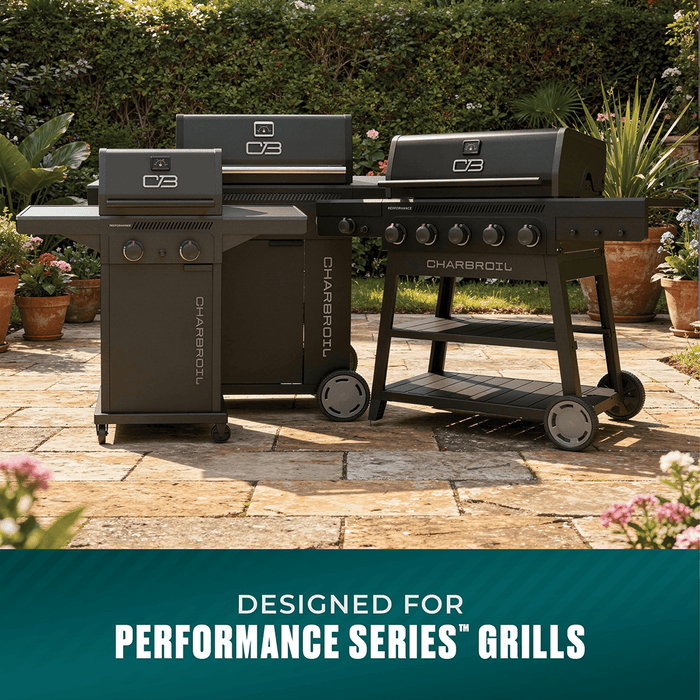 Char-Broil Performance Series grill set with black grills and wheels, outdoor setting.